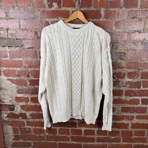 Puritan Sweater Mens Large White Cotton Ramie Cable Knit Crewneck Pullover